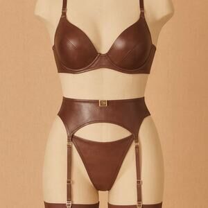 Honey Birdette Emily Deep Mahogany Lingerie Set NWT Bra 32B Thong XS Garter XS